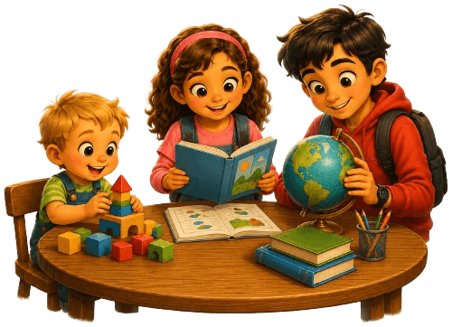 Crianças de diferentes idades realizando atividades educativas