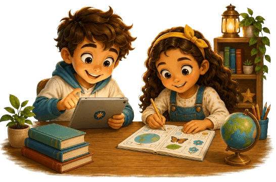 Crianças aprendendo com um tablet e uma atividade impressa